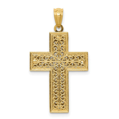 14k Two-tone Gold Polished Filigree Cross Pendant