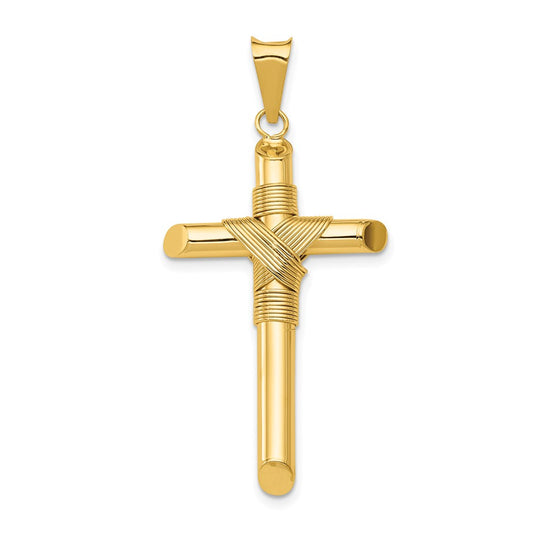 14k Yellow Gold Polished w/Center Wrap Tube Cross Pendant