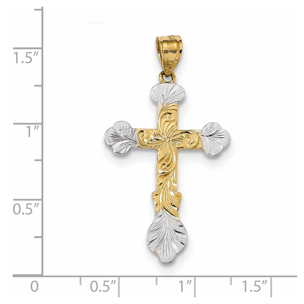 14k Yellow & Rhodium Gold w/Rhodium Swirl Design Budded Cross Pendant