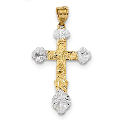 14k Yellow & Rhodium Gold w/Rhodium Swirl Design Budded Cross Pendant
