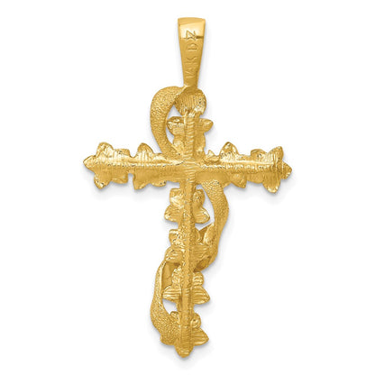 14k Yellow Gold Polished and Textured Flower Cross w/Ribbon Pendant