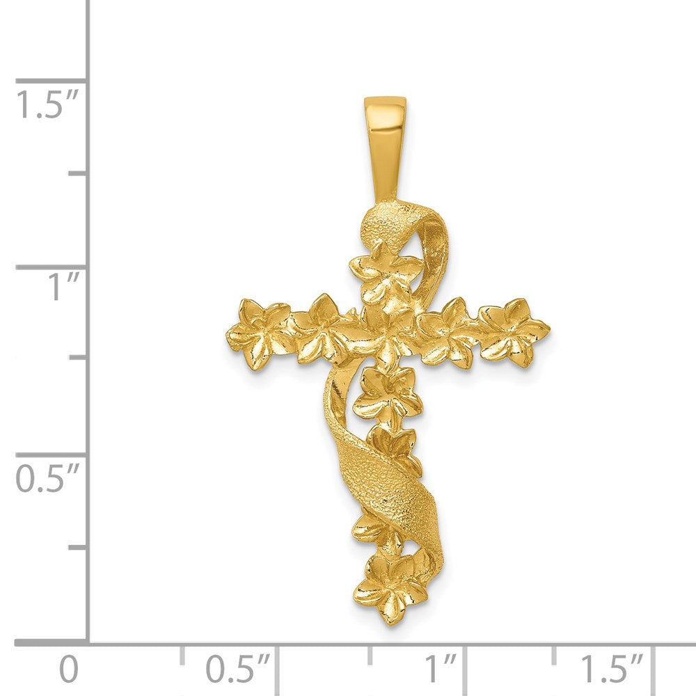 14k Yellow Gold Polished and Textured Flower Cross w/Ribbon Pendant