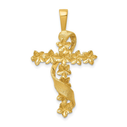 14k Yellow Gold Polished and Textured Flower Cross w/Ribbon Pendant