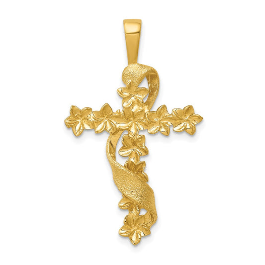 14k Yellow Gold Polished and Textured Flower Cross w/Ribbon Pendant
