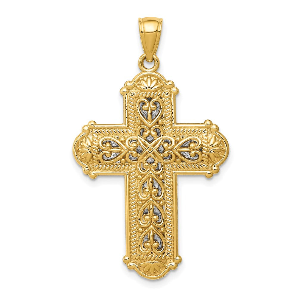 14k Yellow & Rhodium Gold w/Rhodium Reversible Diamond-cut Filigree Cross Pendant