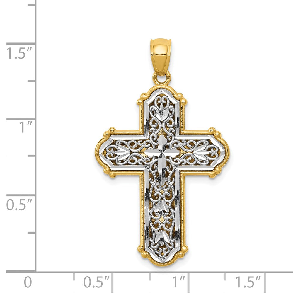 14k Yellow & Rhodium Gold w/Rhodium Reversible Diamond-cut Filigree Cross Pendant