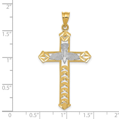 14k Yellow & Rhodium Gold W/Rhodium Polished Diamond-Cut Dove Cross Pendant