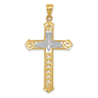 14k Yellow & Rhodium Gold W/Rhodium Polished Diamond-Cut Dove Cross Pendant