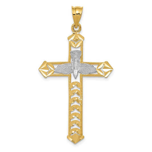 14k Yellow & Rhodium Gold W/Rhodium Polished Diamond-Cut Dove Cross Pendant