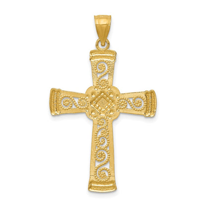 14k Yellow & Rhodium Gold w/Rhodium Diamond-cut Filigree Cross Pendant
