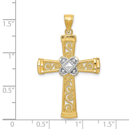 14k Yellow & Rhodium Gold w/Rhodium Diamond-cut Filigree Cross Pendant