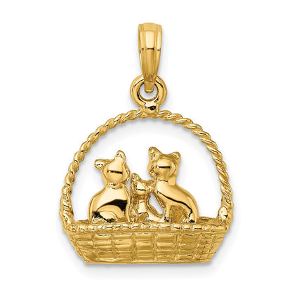 14k Yellow Gold 3-D Cats Inside Of Basket Charm