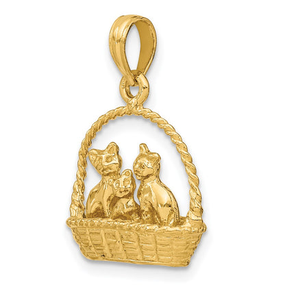 14k Yellow Gold 3-D Cats Inside Of Basket Charm