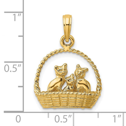 14k Yellow Gold 3-D Cats Inside Of Basket Charm