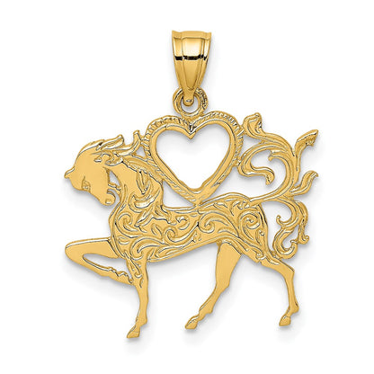 14k Yellow Gold Textured Heart and Horse Charm