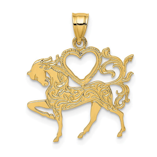 14k Yellow Gold Textured Heart and Horse Charm