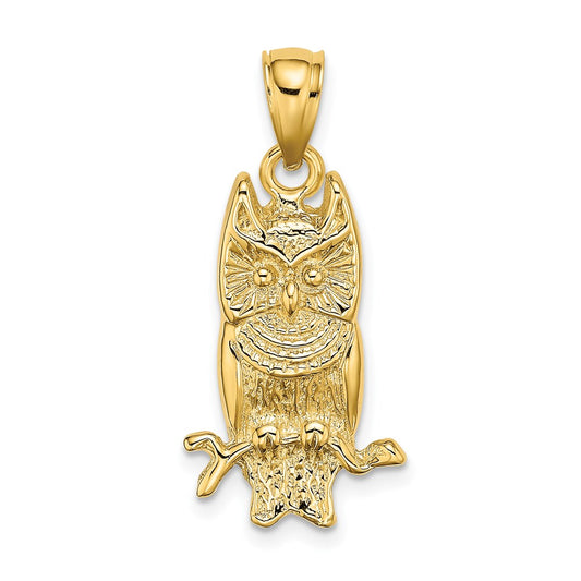 14k Yellow Gold Textured Owl Charm