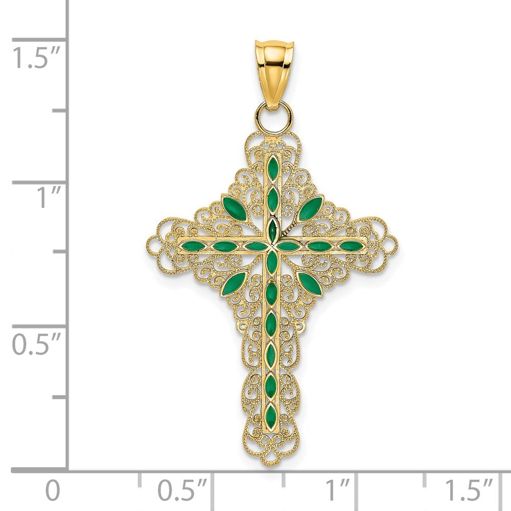 14k Yellow Gold Green Enamel Filigree Cross Charm
