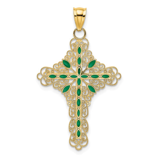 14k Yellow Gold Green Enamel Filigree Cross Charm