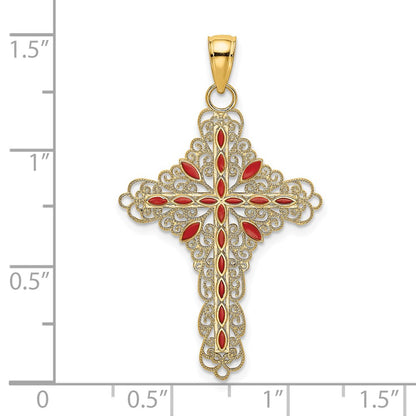 14k Yellow Gold Red Enamel Filigree Cross Charm