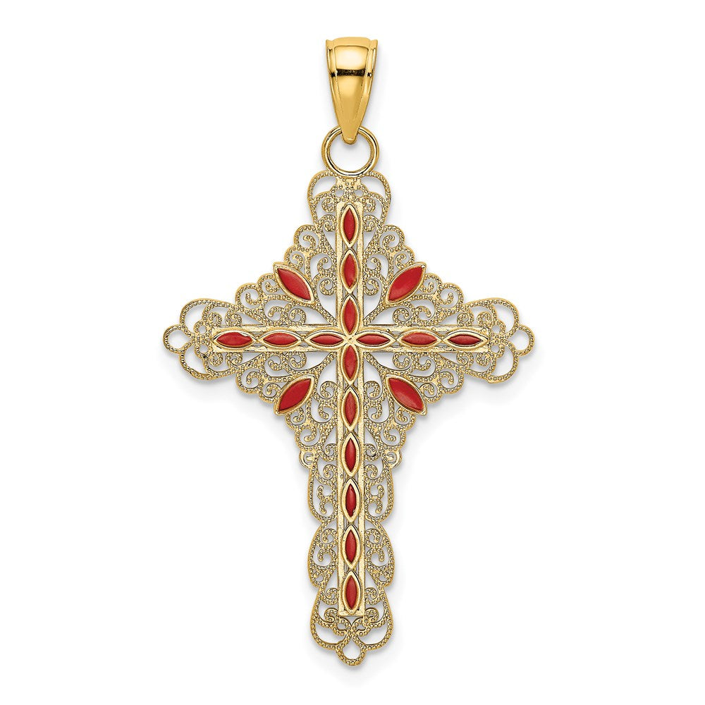 14k Yellow Gold Red Enamel Filigree Cross Charm