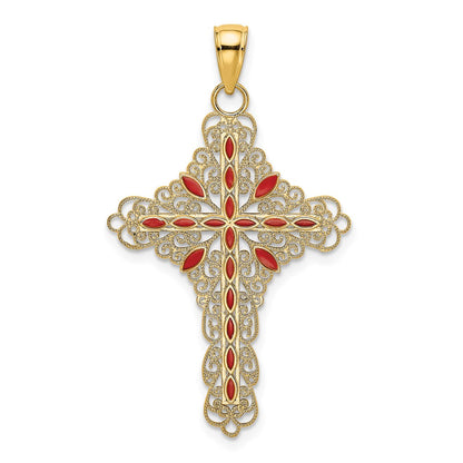 14k Yellow Gold Red Enamel Filigree Cross Charm
