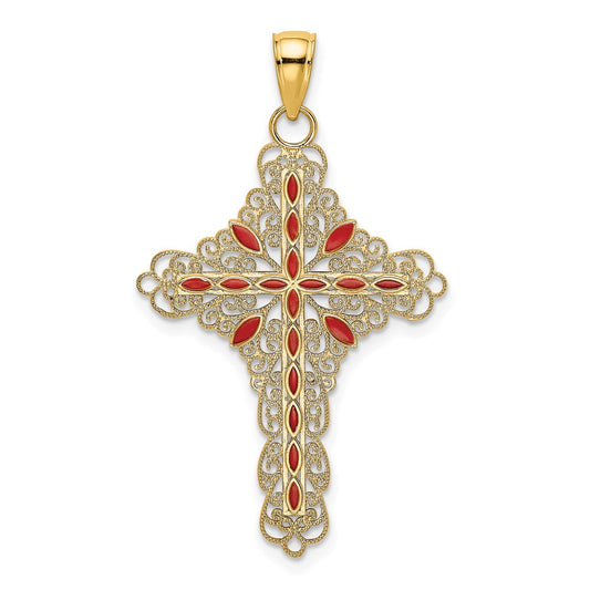 14k Yellow Gold Red Enamel Filigree Cross Charm