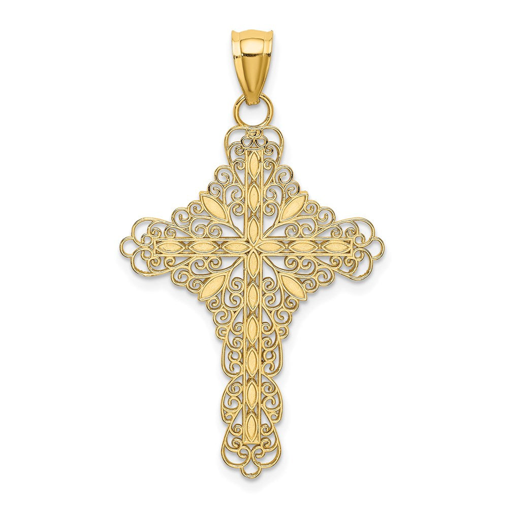14k Yellow Gold White Enamel Filigree Cross Charm