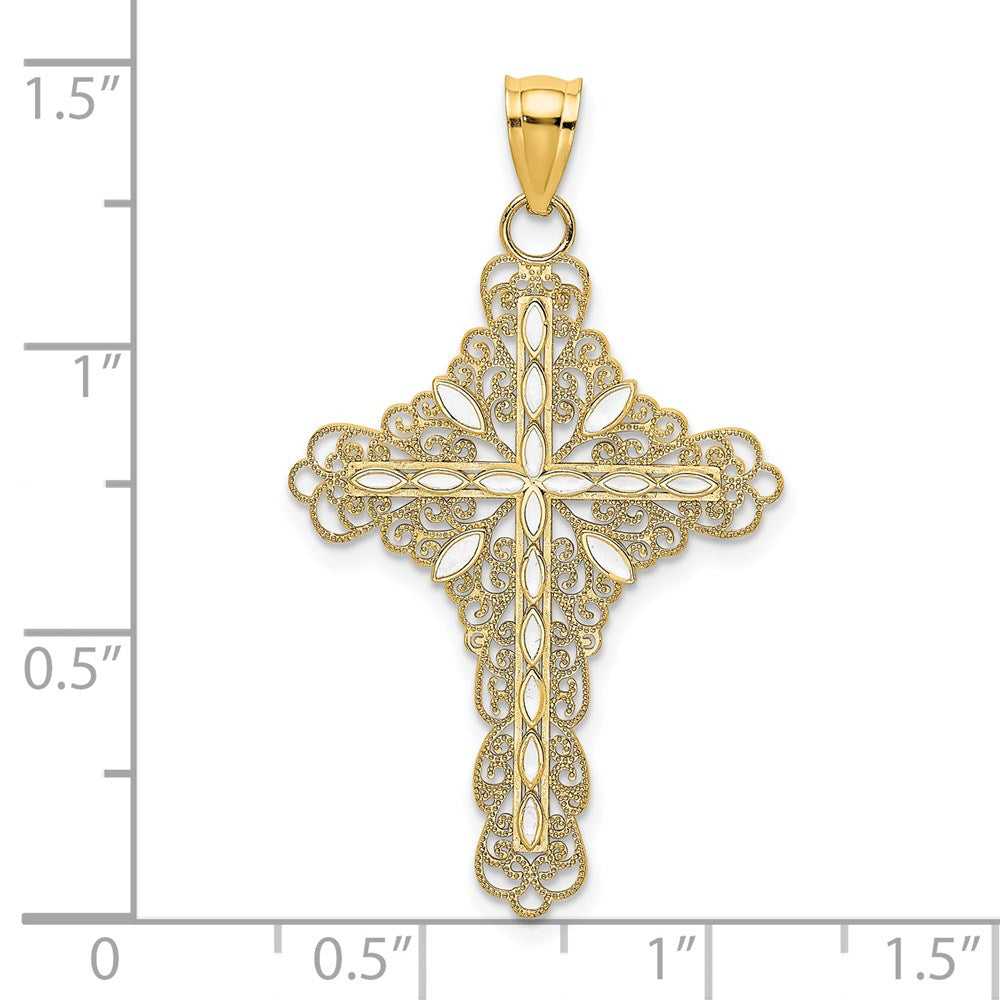 14k Yellow Gold White Enamel Filigree Cross Charm
