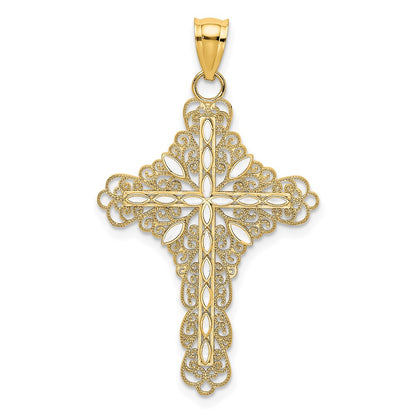 14k Yellow Gold White Enamel Filigree Cross Charm