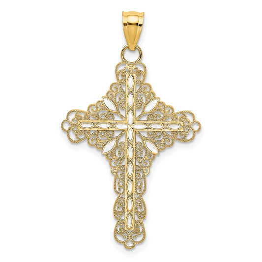 14k Yellow Gold White Enamel Filigree Cross Charm
