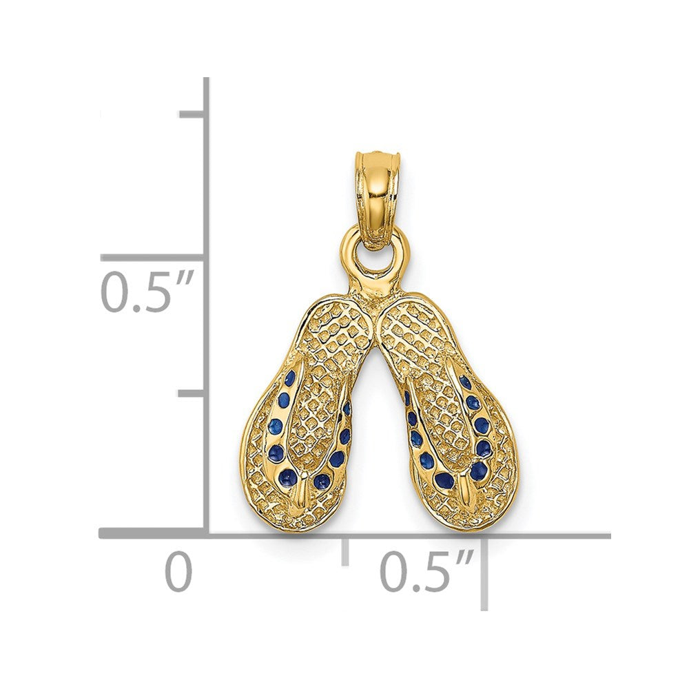 14k Yellow Gold  3D W/ Blue Dotted Enamel Double Flip-Flop Charm