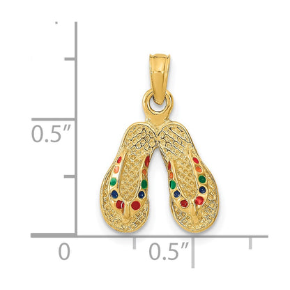 14k Yellow Gold  3D W/ Multi-Color Enamel Double Flip-Flop Charm