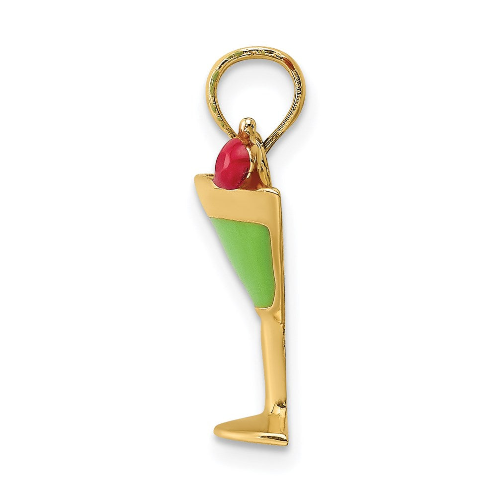 14k Yellow Gold Green Enameled Martini w/Cherry Charm