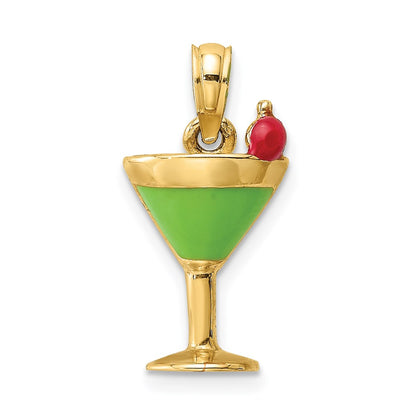 14k Yellow Gold Green Enameled Martini w/Cherry Charm
