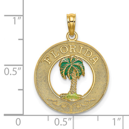 14k Yellow Gold FLORIDA Enamel Palm Tree Circle Charm