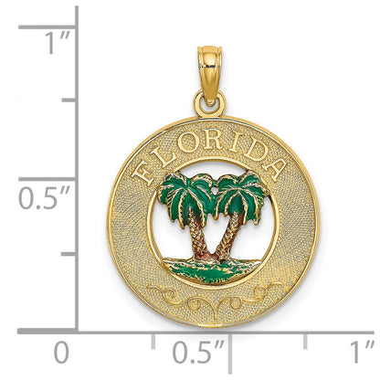 14k Yellow Gold Florida Enamel Palm Trees Circle Charm