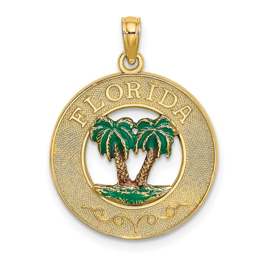 14k Yellow Gold Florida Enamel Palm Trees Circle Charm