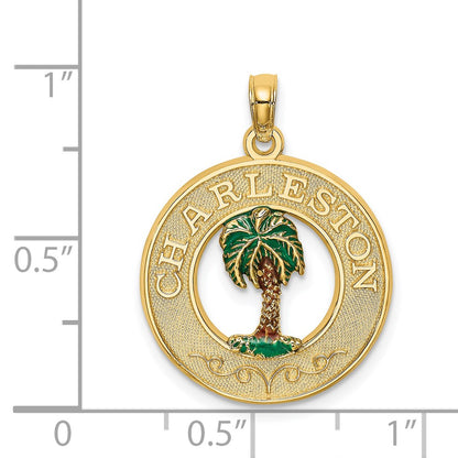 14k Yellow Gold Enamel Palm Tree CHARLESTON Circle Charm