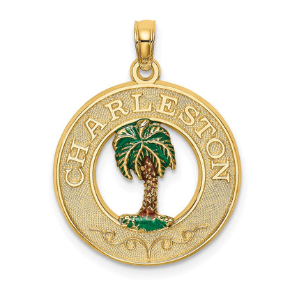 14k Yellow Gold Enamel Palm Tree CHARLESTON Circle Charm