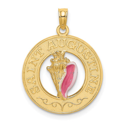 14k Yellow Gold SAINT AUGUSTINE Enamel w/Conch Shell Circle Charm