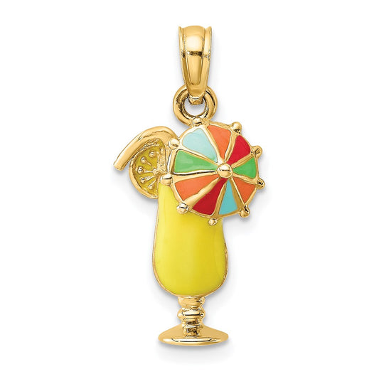 14k Yellow Gold Yellow Enamel Drink w/Multi-Colored Umbrella Charm