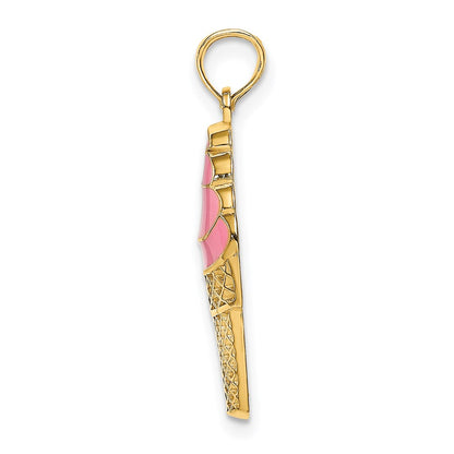 14k Yellow Gold Pink Enameled Strawberry Ice Cream Cone Charm