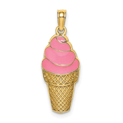 14k Yellow Gold Pink Enameled Strawberry Ice Cream Cone Charm