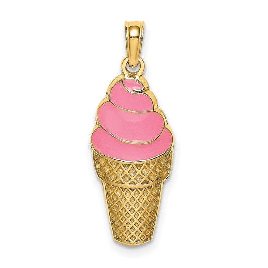 14k Yellow Gold Pink Enameled Strawberry Ice Cream Cone Charm