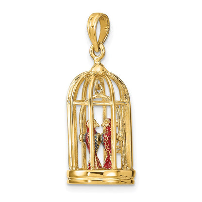 14k Yellow Gold w/ Enamel 3-D Bird Cage w/ 2 Birds and Doors Open Charm