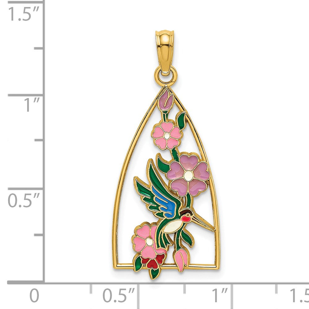 14k Yellow Gold w/ Enamel Hummingbird and Flowers Charm