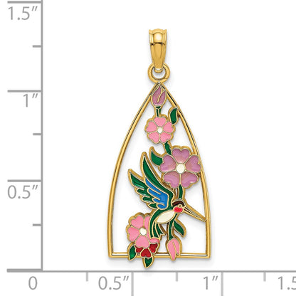 14k Yellow Gold w/ Enamel Hummingbird and Flowers Charm