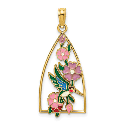 14k Yellow Gold w/ Enamel Hummingbird and Flowers Charm