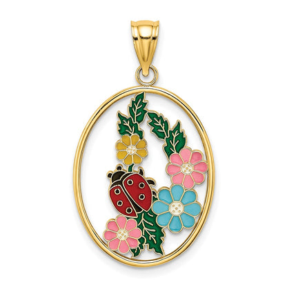 14k Yellow Gold Stained Glass w/ Enamel Oval Ladybug Charm